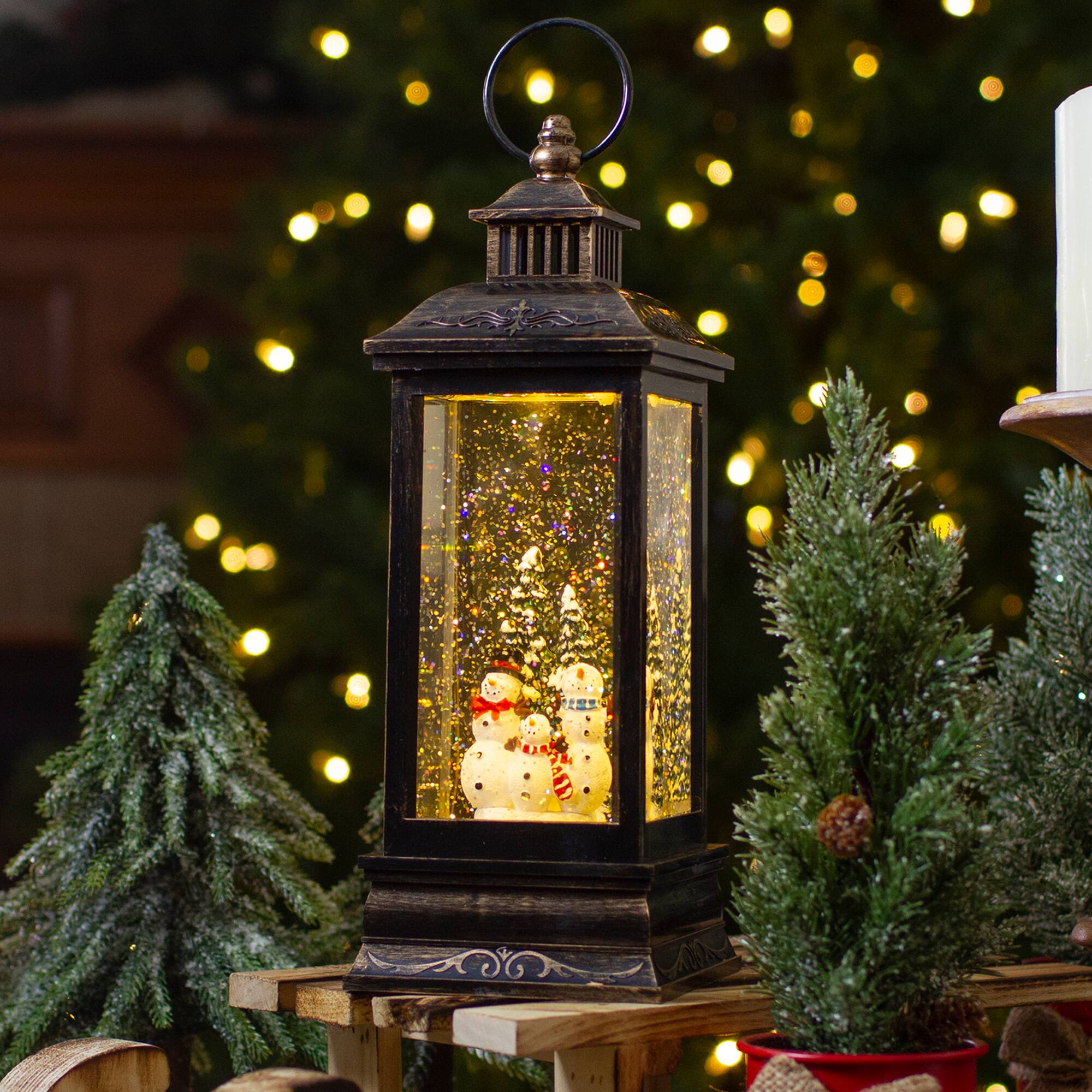 11" Black with Brushed Gold LED Snowman Family Christmas Lantern Snow Globe